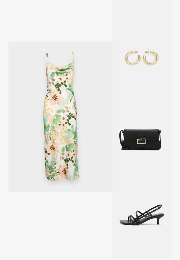 Lillelille lillekleit, millel on pastellisuse roosa, roheline ja kreemivärv, dekoltee, õhukesed rihmad ja sile tekstuur.; Mustad musta kandaga sandaalid, millel on mitmed risti minevad rihmad. Sile materjal, terav nina ja kitsas konts. Reguleeritav pahkluuri rihm klambriga.; Must haben musta nahkklahviga kott, millel on klapp ja kuldne metallist pandla detail. Kaasas must rihm ja stiilne, minimalistlik disain.; Kuldne rõngassõrmused sileda ja läikiva viimistlusega. Ringikujuline disain, millel on väike post ja selge tagumine külg, et tagada kindel kandmine.