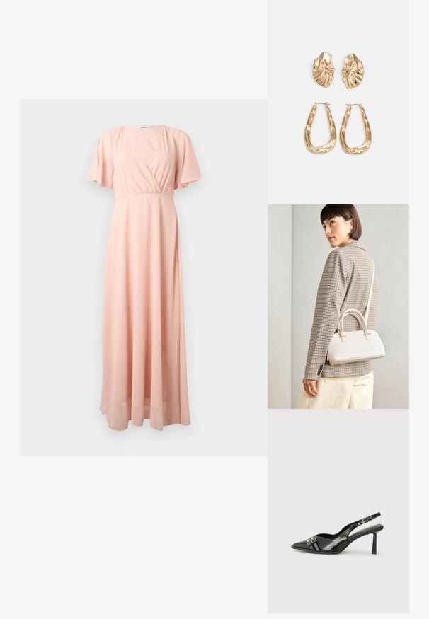 Vestido longo e fluido em tecido rosa suave com decote em V, mangas curtas e soltas, e cintura franzida, proporcionando um ajuste relaxado e um caimento elegante.; Sapato slingback preto em pele patentada com bico apontado, tiras no tornozelo apresentando fivelas e acessórios prateados, e um salto elegante.; Bolsa estruturada branca com alças curtas e uma alça de ombro, com detalhes em hardware dourado e material texturizado, exibida contra um fundo cinza.; Brincos em tom de ouro com formas onduladas e texturizadas. Inclui studs escultóricos com presilha e um design de argola aberta com um acabamento martelado.