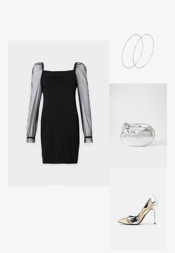 Schwarzes Kleid mit quadratischem Ausschnitt, tailliertem Oberteil und durchsichtigen langen Puffärmeln mit Bündchen. Glatte Textur mit schicker Silhouette.; Spitz zulaufender High-Heel-Schuh in einer Farbgestaltung aus Silber, Gold und Nude. Glänzende Oberfläche mit Ausschnittdesign und stiletto Absatz.; Silberne metallic Pouch-Tasche mit einer sanften, abgerundeten Form und einem geknoteten Verschluss oben. Hergestellt aus glattem Kunstleder.; Silberne Creolen mit minimalistischem Design. Rundform, glatte Oberfläche und dünnes Profil. Leichtgewichtig mit hochglänzender Oberfläche.