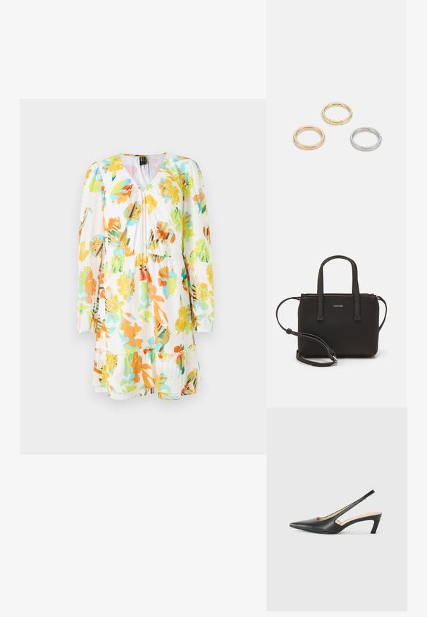 Kukallinen mekko valkoisella pohjalla, jossa on suuria oransseja, vihreitä ja sinisiä lehtikuoseja. Pitkät hihat, V-pääntie ja röyhelöhelma.; Musta, kärjeltään terävä slingback-kengä, jossa on matala korko. Kengässä on sileä nahkamateriaali ja sivuilla leikkaukset hengittävyyttä varten.; Musta käsilaukku, jossa on kaksinkertaiset lyhyet kahvat ja irrotettava olkahihna. Silkkinen nahkatunneinen materiaali, jossa on vetoketjukiinnitys ja logoyksityiskohta.; Kolme metallirengasta: yksi ruusukultainen, yksi kultainen teksturoiduilla yksityiskohdilla ja yksi hopeinen, kaikki kaiverretulla brändäyksellä sisäpuolella.