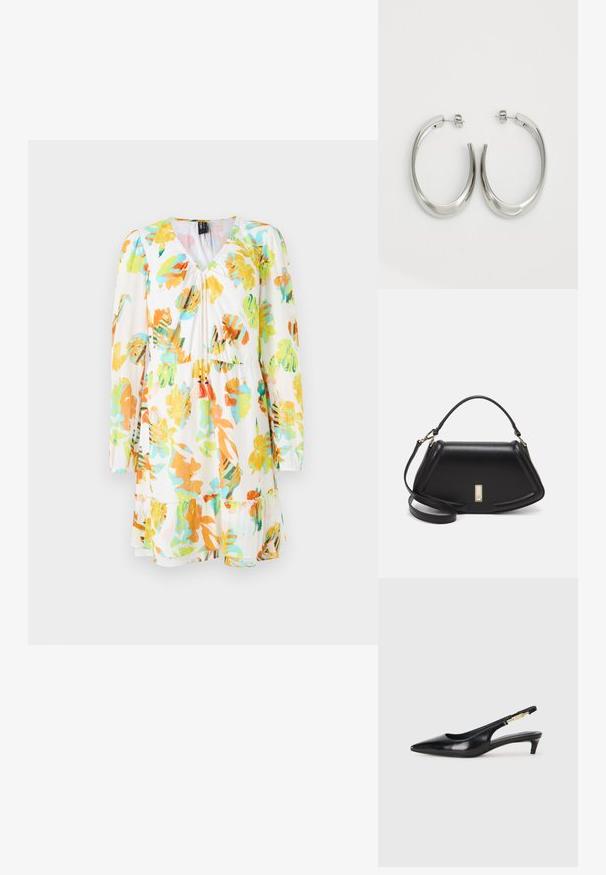 Floral dress with a white base, featuring large orange, green, and blue leaf patterns. Long sleeves, V-neck, and ruffled hem detail.; Black leather slingback heels with a pointed toe, featuring a slim heel and a gold-tone accent on the adjustable strap. Smooth texture.; Black leather handbag with a structured design, featuring a cropped shape, top handle, and gold hardware accent. Adjustable shoulder strap included.; Silver hoop earrings with a smooth, curved design. Features a shiny metallic finish and stud closure. No visible patterns or accents.
