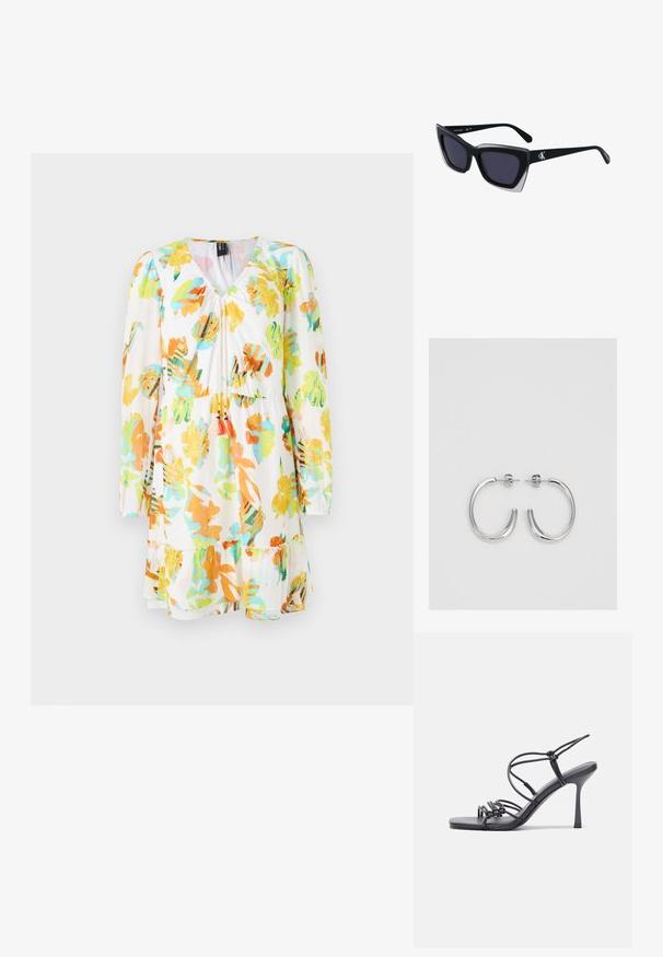 Floral dress with a white base, featuring large orange, green, and blue leaf patterns. Long sleeves, V-neck, and ruffled hem detail.; Black high-heeled sandals feature thin straps with a knotted design, a smooth square toe, and a sleek stiletto heel.; Black oversized sunglasses with a geometric shape, featuring dark lenses and a contrasting grey detail on the frame. Logo on the arm.; Silver hoop earrings with a smooth, shiny finish. Rounded shape, lightweight design, featuring a post-back closure.