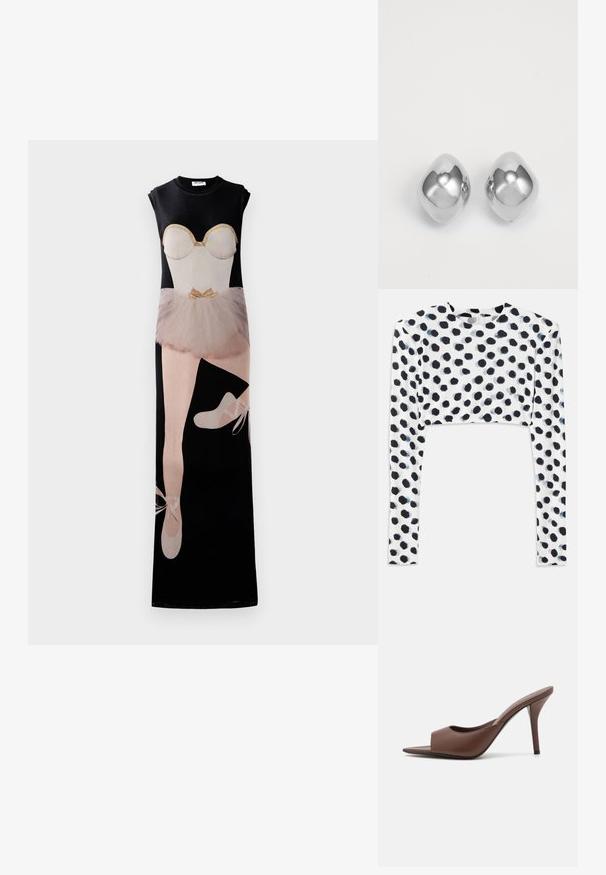 Duga crna haljina s grafikom balerine, bež korzetom, tila suknjom i baletnim cipelama, uz svijetlo zlatne akcentne detalje.; Skraćeni dugi rukavi top od rastezljivog bijelog materijala s crnim točkicama, glatke teksture i okruglog izreza.; Smeđe kožne mule s visokom potpeticom i otvorenim prstima, s elegantnim dizajnom, širokim prednjim remenom i vitkom stiletto potpeticom.; Srebrne metalne naušnice s glatkim, zaobljenim oblikom, s poliranim završetkom i reflektirajućom površinom. Minimalistički dizajn bez ukrasa.