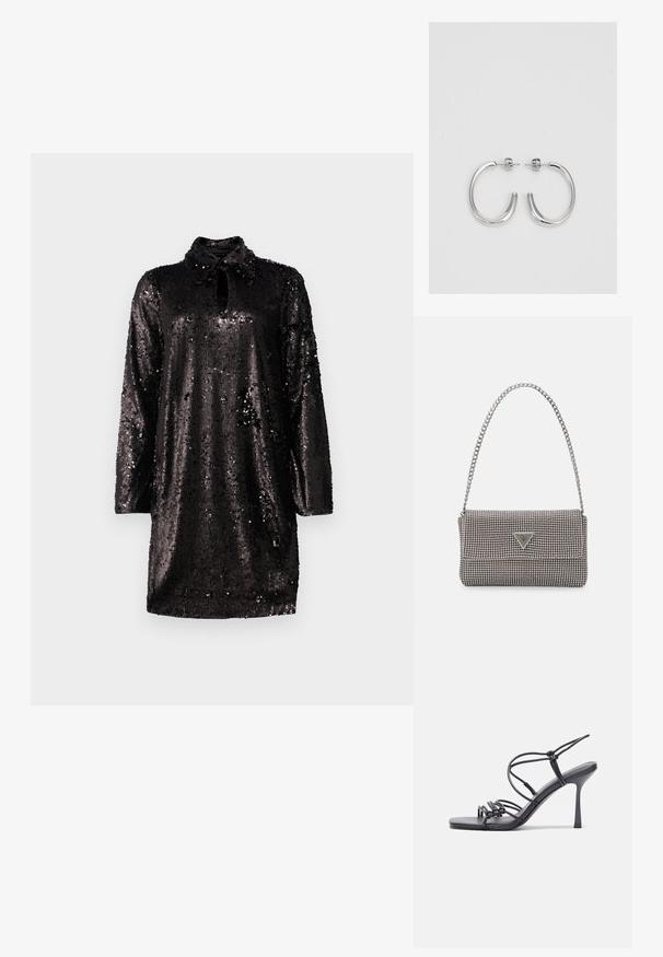 Juodas blizgučiais dekoruotas suknelė su apykakle, raktų formos iškirpte ir ilgomis rankovėmis. Audinys turi blizgų, tekstūruotą paviršių iš persidengiančių blizgučių.; Juodos aukštakulnės sandalai pasižymi plonyčiais dirželiais su mazgo dizainu, lygiu kvadratiniu pirštu ir elegantišku stiletto kulnu.; Šviesiai pilka metalinė rankinė su grandinėlės dirželiu, papuošta mažais apvaliais metaliniais smeigėmis ir trikampiu prekės ženklu.; Sidabriniai lankelio formos auskarai su lygiu, blizgiu paviršiumi, išlenktos formos ir su užsegimu. Minimalistinio dizaino su moderniu apdaila.