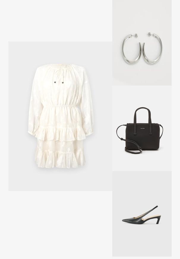 Vestido blanco con mangas largas, cuello redondo, cierre con lazo y dobladillo con volantes en capas. Patrón floral grabado en una tela texturizada.; Zapato negro de punta afilada tipo slingback con un tacón bajo, que presenta un material de cuero suave y un diseño recortado en el lateral para mayor transpirabilidad.; Bolso de mano negro con dos asas cortas y una correa de hombro removible. Material suave tipo cuero con cierre de cremallera y detalle del logo.; Pendientes de aro de plata con un diseño curvado y suave. Presentan un acabado metálico brillante y cierre de presión. Sin patrones ni acentos visibles.