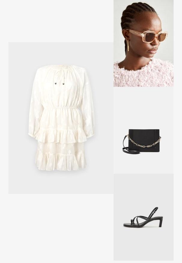 Valge kleit pikkade varrukatega, ümar kaelus, sidumisega kinni ja kihiline volangkant. Lillemuster on embossitud tekstuurilisele kangale.; Mustast rihmajalatsid ruudukujulise varba ja madala ploki kontsaga. Omab mitmeid õhukesi rihmasid ja reguleeritavat pahkluu rihma. Valmistatud siledast nahast.; Bežid suured prillid, millel on läbipaistev raam ja pruuni tooni läätsed, millel on peened lillemustrid ja julge geomeetriline disain.; Mustast nahast õlakott, mis omab siledat tekstuuri, ristküliku kuju ning esiküljel metallketi detaili. Reguleeritav rihm on kaasas.