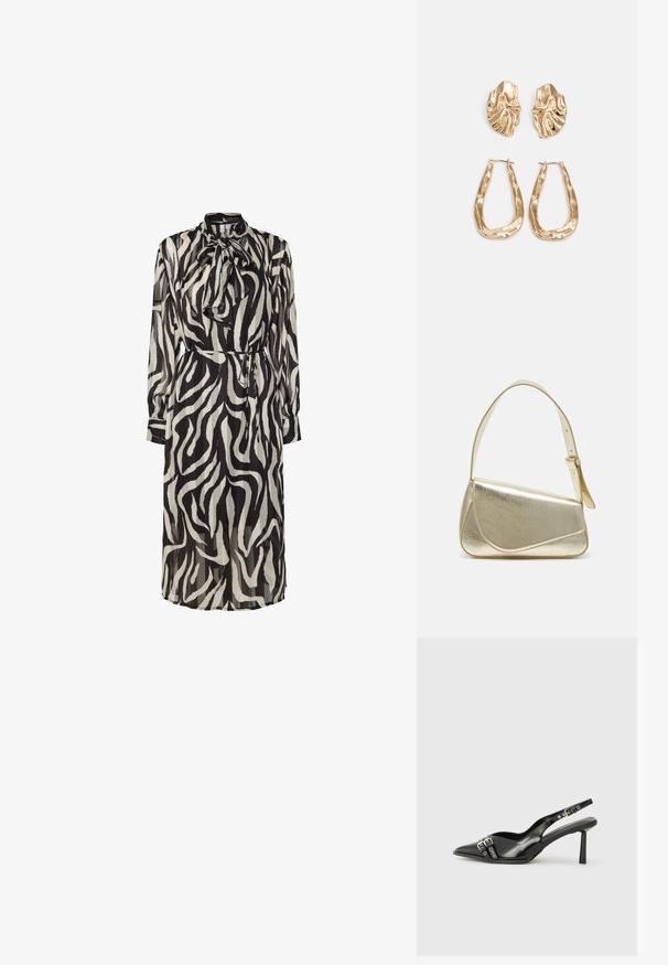 Duga crno-bijela haljina s uzorkom poput zebre, s visokim izrezom, detaljem na kravatu i strukom koja se steže. Prozirna tkanina i dugi rukavi.; Crna lakirana slingback cipela s izduženim vrhom, remenčićima oko gležnja s srebrnim kopčama i dijelovima, te vitkim potplatom.; Zlatna metalna torba s uređenim dizajnom, glatkom teksturom i podesivim remenom. Ima jedinstven trokutasti oblik i minimalističko šivanje.; Naušnice zlatne boje s teksturiranim, valovitim oblicima. Uključuju skulpturalne kopče i dizajn otvorene kružnice s kovanom završnom obradom.