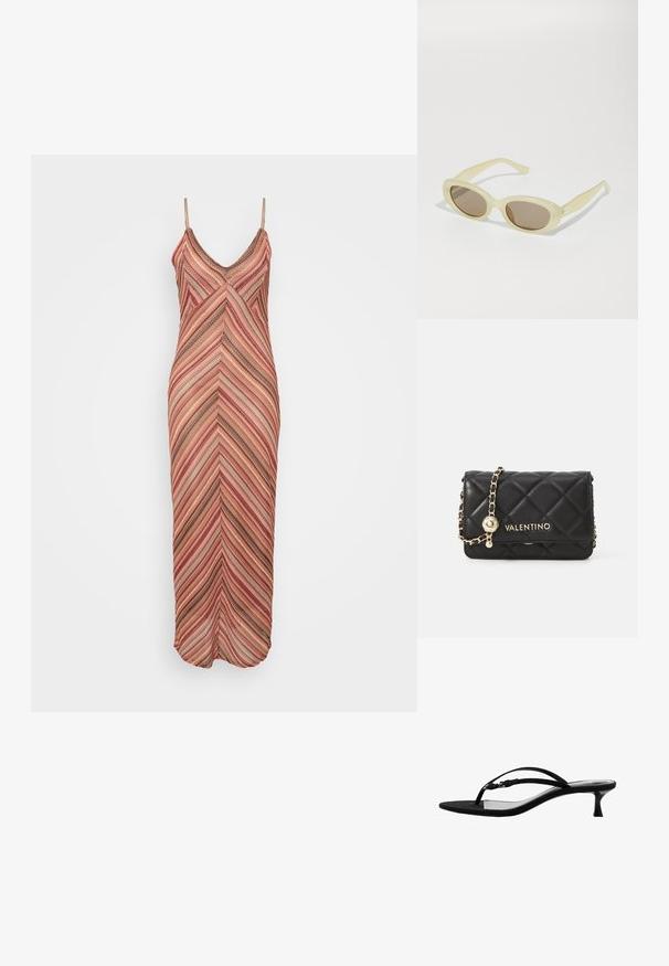 Maxi šaty s ramienkami s chevronovým vzorom v odtieňoch ružovej, oranžovej a hnedej, vyrobené z ľahkej, textúrovanej tkaniny.; Mango Sandále T-bar - black; Oválne slnečné okuliare s priesvitným svetložltým rámom a hnedými šošovkami. Majú úplne hladký povrch a jemné kovové akcenty na stranách.; Čierna prešívaná kožená kabelka so zlatými detailmi, vybavená retiazkovým popruhom a logom VALENTINO na prednej strane. Kompaktný a obdĺžnikový dizajn.