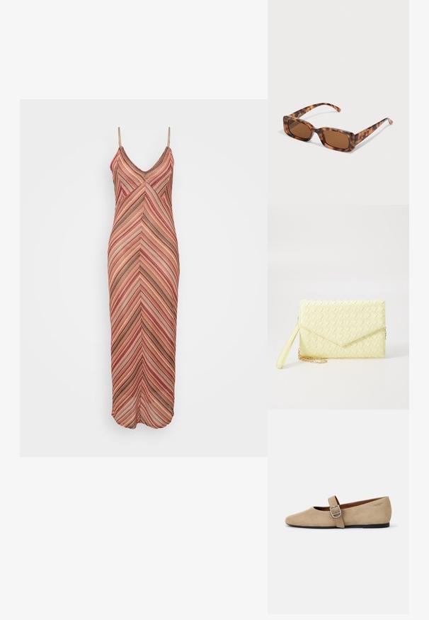 Rihmavaba maksi kleit, millel on tserveni mustril pehmed roosa, oranži ja pruuni toone, valmistatud kergest tekstureeritud kangast.; Bež sametist Mary Jane korterid terava ninaga ja ühekordse reguleeritava rihmaga, millel on hõbedane sang. Must lamineeritud tall.; Kilpkonna kestaga prillid, millel on ristkülikukujulised pruuni värvi objektiivid, paks raam ja peened käed, millel on erinevate pruunide toonide muster.; Kollane kudumine käekott, millel on klapp disain, eemaldatav randme rihm ja kuldne ahelakaunistus. Sile tekstuur ja ristkülikuline kuju.; Hõbedased rõngaskõrvarõngad, millel on sile, läikiv viimistlus. Ümmargune kuju ja turvaline klõpsulatus. Kerge disain, sobib igapäevaseks kandmiseks.