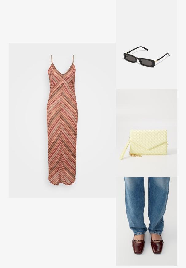 Maxi šaty s ramienkami s chevronovým vzorom v odtieňoch ružovej, oranžovej a hnedej, vyrobené z ľahkej, textúrovanej tkaniny.; Burgundské lakované topánky so štvorcovou špičkou a členkovým remienkom, skombinované s voľnými svetlomodrými džínsami. Topánky majú lesklý povrch.; Čierne obdĺžnikové slnečné okuliare s tmavými šošovkami, lesklými plastovými rámami a zlatými akcentmi na spánkoch. Minimalistický dizajn a štíhly tvar.; Žltý tkaný clutch peňaženka s preklápacím dizajnom, odnímateľným zápästným remienkom a zlatým reťazovým doplnkom. Hladký povrch a obdĺžnikový tvar.; Zlaté kruhové náušnice s hladkým, lesklým povrchom. Cirkulárny dizajn s malým steblom a jasným záznamom pre bezpečné nosenie.