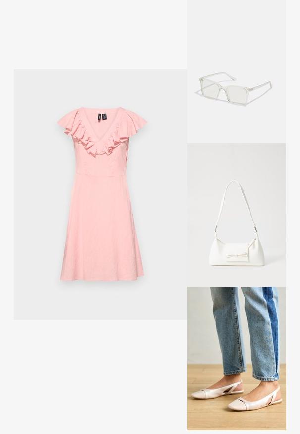 Ροζ, μάξι φόρεμα με V λαιμόκοψη και καμπυλωτά μανίκια. Κατασκευασμένο από ελαφρύ ύφασμα, διαθέτει εφαρμοστό κορσέ και φουσκωτή φούστα.; Ανοιχτό ροζ εσπαντρίγες με μυτερές μύτες, κατασκευασμένες από υλικό που μοιάζει με δέρμα. Διαθέτουν κομψές κοπές στα πλάγια και επίπελο τακούνι.; Διάφανα πλαστικά γυαλιά με τετράγωνους σκελετούς και διαφανείς φακούς, με χρυσές λεπτομέρειες στους βραχίονες για επιπλέον στυλ.; Λευκή συνθετική τσάντα σε τριγωνικό σχήμα, με επίπεδη μπροστινή καπάκι και λεπτομέρεια φιόγκου, ρυθμιζόμενο λουράκι, απαλή υφή και μινιμαλιστικό σχέδιο.