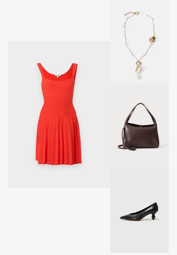 Rochie tricotată roșie cu dantelă în carouri, guler pătrat și design fără mâneci. Fusta are pliseuri, creând o siluetă evazată.; Pantofii cu toc înalt din piele neagră, cu vârf ascuțit și toc rotund, mimos. Textură netedă, cu un design elegant și minimalist.; Geantă din piele maro, cu o formă structurat, având un singur mâner superior și un curea de umăr detașabilă. Detalii din metal cu ton auriu.; Colier din metal auriu, cu verigi răsucite, perle albe și un accent din piatră verde. Prezintă detalii intricate și un sistem de închidere.