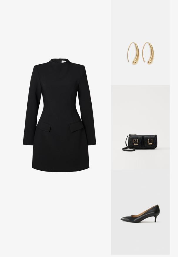 Svart kjole med høy hals, lange ermer og tettsittende silhuett. Har to frontlommer og sømdetaljer for et strukturert utseende.; Sorte lærpumpe med spiss tå, lav hæl og en glatt tekstur. Har en liten åpning foran og minimalt med beslag bak.; Svart skinn crossbody veske med to frontlommer, gyldne spenner, glidelåslukking og en slank stropp. Teksturert overflate og kompakt rektangulær form.; Gullfargede metalløredobber med en buet, forlenget form. Har en jevn, blank overflate og en avrundet tupp for ekstra detaljer.
