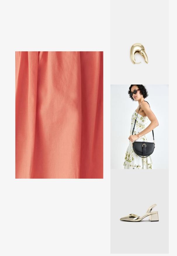 Korálová látka s hladkým povrchem, která má jemné záhyby a subtilní lesk, vhodná pro oděvy nebo domácí textilie.; Kovové zlaté pantofle na podpatku s špičatou špičkou a masivním podpatkem. Hladký povrch, minimalisticý design a úzký pásek.; Černá kožená kabelka s křivkovým tvarem, odnímatelným popruhem a zlatými detaily. Kabelka má klopu s přezkou.; Náušnice ve zlatém tónu z kovu s elegantním zakřiveným designem. Vyznačují se jedinečným špičatým tvarem, lesklým povrchem a závěsem na kloub.