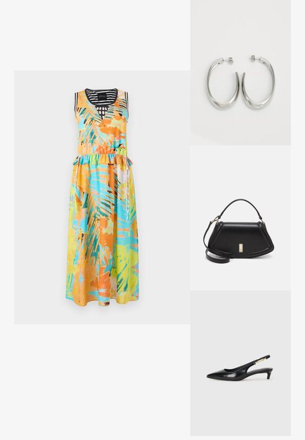 Marc Cain Jerseyjurk - multi-coloured; Zwarte leren slingback hakken met een spitse neus, voorzien van een slanke hak en een goudkleurige accent op de verstelbare band. Gladde textuur.; Zwarte leren handtas met een gestructureerd ontwerp, featuring een verkorte vorm, bovenhandvat en gouden hardwareaccent. Inclusief verstelbare schouderband.; Zilveren oorringen met een gladde, gebogen vorm. Voorzien van een glanzende metallic afwerking en studsluiting. Geen zichtbare patronen of accenten.