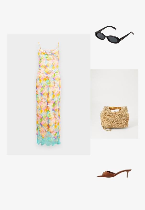 Długa sukienka bez rękawów z multikolorowym kwiatowym geometrycznym wzorem oraz jasnoniebieską koronką wzdłuż dołu na białym tle.; Brązowe zamszowe mule z odkrytymi palcami o zakrzywionej formie, z niskim obcasem w stylu stiletto i gładkimi, minimalistycznymi liniami.; Czarne, oversize okulary przeciwsłoneczne z owalnymi soczewkami, gładkim plastikowym mostkiem i złotymi akcentami na zausznikach. Ciemne soczewki zapewniają ochronę przed słońcem.; Wykonana z tkanego słomy torebka z bambusowymi uchwytami, charakteryzująca się teksturowanym frędzlem w naturalnym beżu i złotym łańcuszkiem.