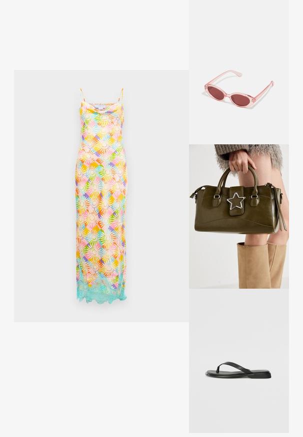 Langermet kjole uten ermer med multifarge blomstermønster og lys blå blondekant langs kanten mot en hvit bakgrunn.; Sorte flip-flop laget av glatt lær, med en tynn stroppdesign og en flat såle med et minimalistisk utseende. Ingen bemerkelsesverdige mønstre eller aksenter.; Rosa transparente solbriller med ovale linser, mørkerød farge, og slanke armer, med en glatt finish og subtile detaljer på rammen.; Oliven grønn faux lær håndveske med sølvstjerneakcent, doble håndtak og glidelåslukking. Teksturert overflate og strukturert form.