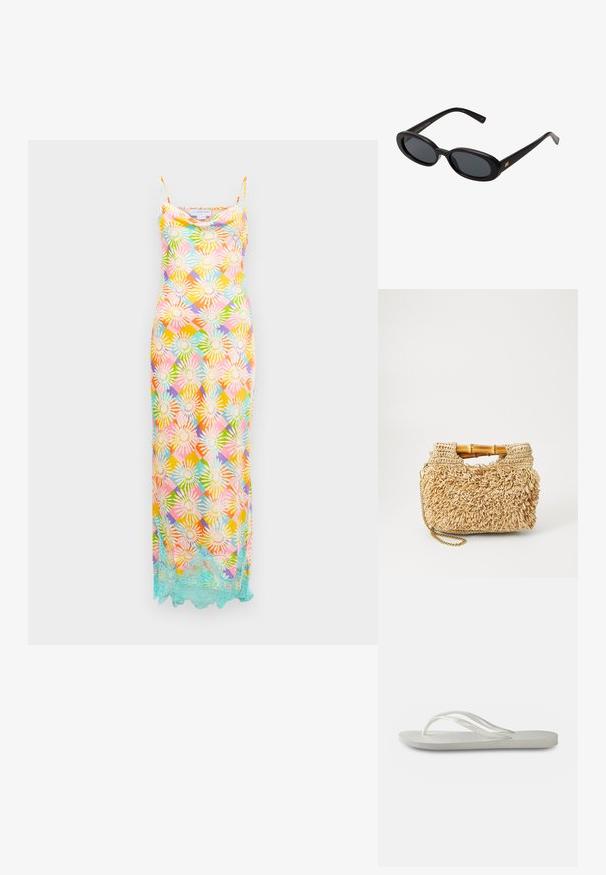 Dolga brezrokavna obleka z večbarvnim cvetličnim geometrijskim vzorcem in svetlo modrim čipkastim robom ob robu na belem ozadju.; Bela natikača s teksturirano podplatom, koja ima tanke trakice i ravni dizajn. Napravljena od gume s suptilnim logotipom na ulošku.; Črne oversize sončne očala z ovalnimi lečami, gladkim plastičnim okvirjem in zlatenimi detajli na templjih. Temne leče zagotavljajo zaščito pred soncem.; Woven straw torba z bambusovimi ročaji, z teksturiranim frufru dizajnom v naravni bež barvi in z zlatim verižnim pasom.