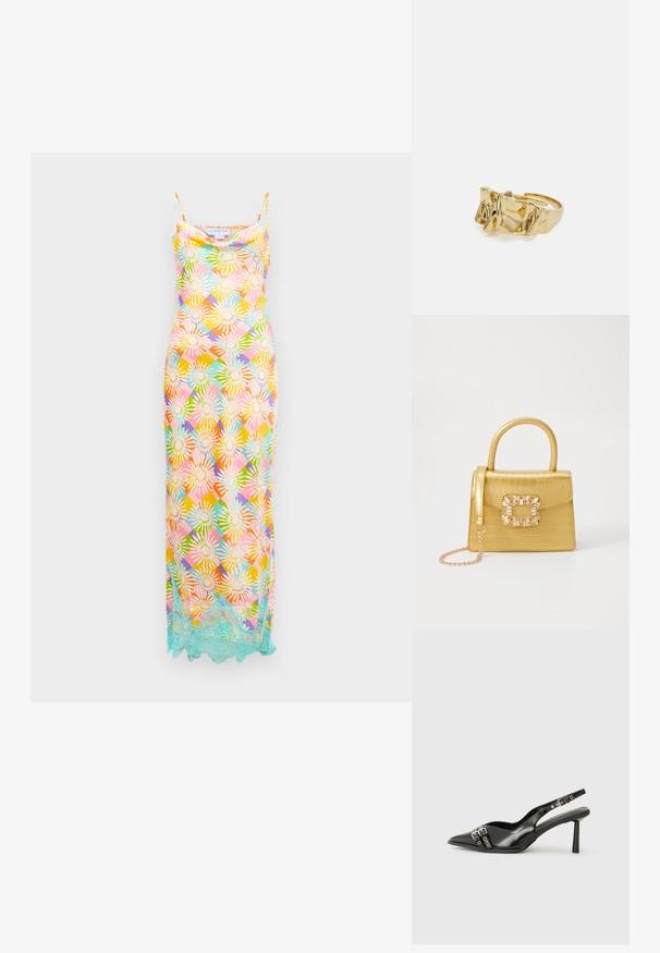 Pikk ilma varrukateta kleit, millel on mitmevärviline lilleline geomeetriline muster ja helesinine pitsääris ääre ääres, valge tausta taustal.; Must musta nahk kingad sanga ja terava ninaga, ankle strapidega, millel on hõbedased pandlad ja riistvara ning õhuke konts.; Kollane faux-krokodilli käsipindaga kott, millel on struktureeritud disain, ülemine käepide, eemaldatav kettmass ja dekoratiivne kristallkaunistus klambril.; Kuldne sõrmus tekstureeritud, lainelise disainiga, millel on kolm silmapaistvat tippu. Sile, läikiv pind ja avatud riba, mis võimaldab reguleeritavat sobivust.