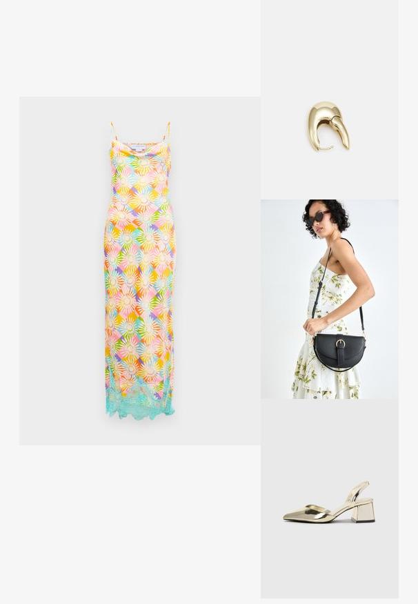 Pikk ilma varrukateta kleit, millel on mitmevärviline lilleline geomeetriline muster ja helesinine pitsääris ääre ääres, valge tausta taustal.; Kuldne, metallilised slingback-kudumid terava varba ja paksu kontsaga. Sile tekstuur, minimalistlik disain ja kitsas rihm.; Mustmust mustraha kõverate joontega, eemaldatava rihmaga ja kuldsete detailidega. Kotil on klapp, millel on pandladetail.; Kuldtooni metallist kõrvarõngas, millel on elegantne ja kaarjas disain. Omab silmapaistvat teravat kuju, poleeritud pinda ja hingesulgemist.