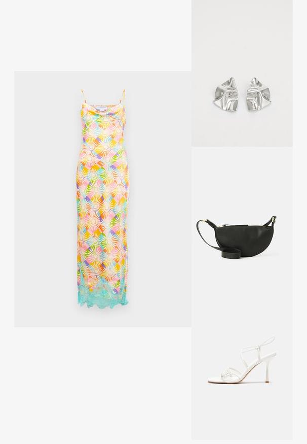 Hosszú ujjatlan ruha, melynek színes virágos geometrikus mintája van, és világoskék csipke díszítés a szabott alján, fehér háttér előtt.; Fehér pántos magassarkú szandál lapos lábujjal, texturált elülső résszel, ráncolt díszítéssel és vékony bokapánttal.; Fekete bőr keresztpántos táska félhold formában, texturált felülettel, arany cipzárral és lapos pánttal. Kompakt kialakítás, amely a fontos dolgok számára alkalmas.; Ezüst fém fülbevalók hullámos, szobrászati kialakítással, fényes felülettel és szabálytalan formákkal, amelyek a kortárs esztétikát hangsúlyozzák.