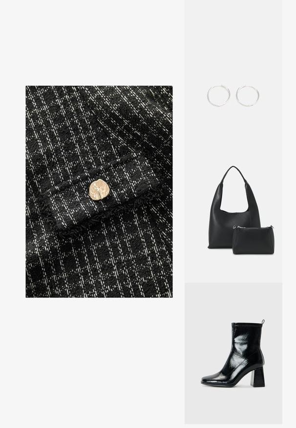 Czarna i biała fakturowana tkanina z wzorem w kratę, z metalowym złotym guzikiem jako akcent na przodzie. Miękki, tkany materiał.; Czarne lakierowane botki za kostkę ze kwadratowym noskiem i masywnym geometrycznym obcasem. Charakteryzują się gładką, błyszczącą teksturą oraz tylną pętelką do łatwego zakładania.; Even&Odd - Torebka; Srebrne kolczyki w kształcie obręczy o gładkim, okrągłym designie, charakteryzujące się gładką powierzchnią i brakiem widocznych ozdób. Średnica nieokreślona.