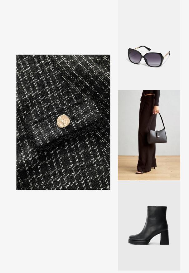 Svartvitt strukturerat tyg med rutmönster, med en guldig metallknapp som accent fram. Mjuk, vävd material.; Svart läderankelboot med blockklack och platåsula, sedd från sidan på en enkel vit bakgrund.; Svarta överdimensionerade solglasögon med gradientlinser, tjocka bågar och kedjedetaljer i guldton vid tempelarmarna.; Svart handväska med strukturerad form, slät yta och metallspänne. Matchad med vida svarta byxor och sandaler med öppen tå på trägolv.