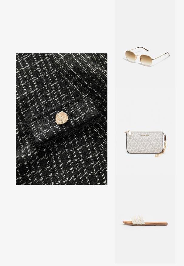 Svartvitt strukturerat tyg med rutmönster, med en guldig metallknapp som accent fram. Mjuk, vävd material.; Vit vävd slidesandal med flätad textur och dekorativa pärlor, med en slät tan-färgad innersula och platt gummisula.; Guldmetallsolglasögon med en oktagonal ram, gradientbruna linser och sköldpaddsmönstrade accenter på bågarna. Lättviktig design.; Michael Kors handledos i beige belagd kanvas med ett upprepande MK-logomönster, gyllene detaljer och ett avtagbart kedjehandtag.