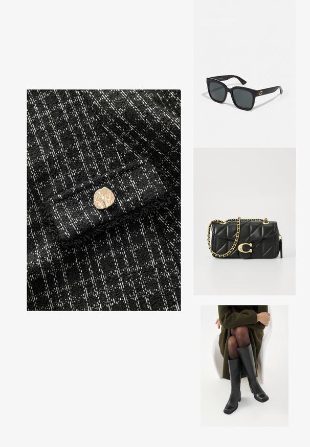 Schwarzer und weißer strukturierter Stoff mit Karomuster, mit einem goldenen metallischen Knopfakzent auf der Vorderseite. Weiches, gewebtes Material.; Knöchelhöhe schwarze Lederstiefel mit quadrater Spitze und Blockabsatz, gezeigt mit einem Modell, das einen olivgrünen Mantel trägt. Glatte Textur, minimale Details.; Schwarze Sonnenbrille mit rechteckigen Gläsern, ausgestattet mit einer glänzenden Oberfläche und goldenen Logo-Akzenten an den Bügeln. Dunkelgraue Gläser bieten UV-Schutz.; Schwarze, gesteppten Lederhandtasche mit einer goldfarbenen Kettenriemen und einem Drehverschluss, der mit einem runden Akzent verziert ist. Kompakte rechteckige Form.