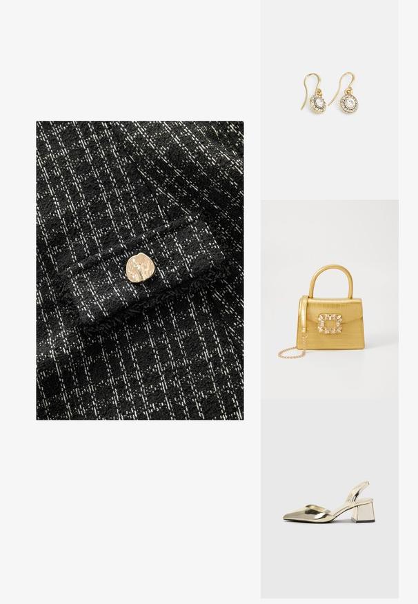 Čiernobiela textúrovaná tkanina s károvaným vzorom, na prednej strane s akcentom zlatého kovového gombíka. Mäkký, tkaný materiál.; Zlaté kovové lodičky na podpätku so špicatou špičkou a robustným podpätkom. Hladký povrch, minimalistický dizajn a úzka remienok.; Žltá falošná krokodília kabelka so štruktúrovaným dizajnom, horným držadlom, odnímateľným reťazovým popruhom a dekoratívnym kryštálovým ozdobením na zapínaní.; Náušnice zlatého odtieňa s oválnymi čírymi kryštáli obklopenými menšími čírými kameňmi, s háčikovým dizajnom pre bezpečné nosenie.
