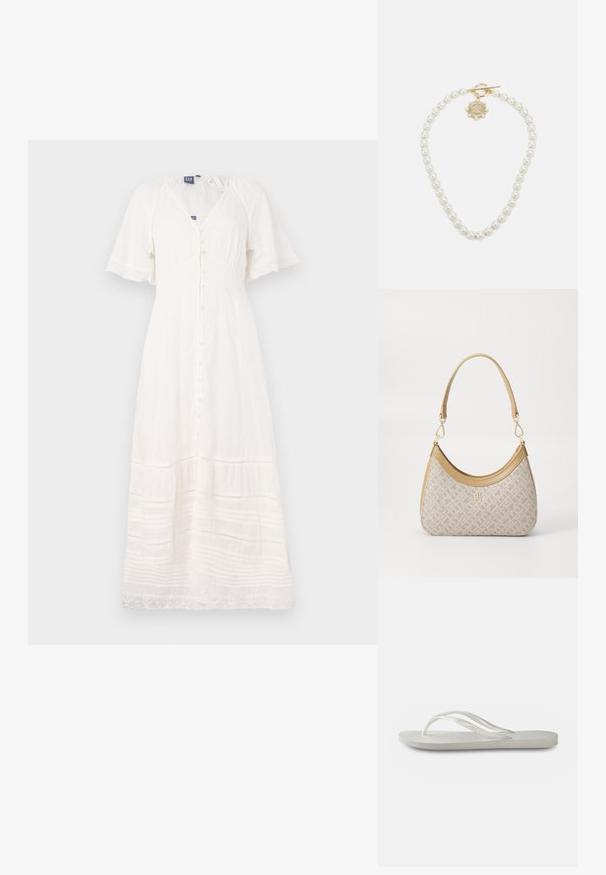 Weißes Maxikleid aus leichtem Stoff mit kurzen Ärmeln, V-Ausschnitt und vorderen Knöpfen; mit strukturierten Streifen und Spitzenbesatz.; Weiße Flip-Flops mit einer strukturierten Sohle, dünnen Riemen und einem flachen Design. Hergestellt aus Gummi mit einem dezenten Logo auf der Fußsohle.; Beige gemusterte Handtasche mit geschwungener Form, Lederakzenten und einem goldfarbenen Logo auf der Vorderseite. Verfügt über einen kurzen Griff für einfaches Tragen.; Lauren Ralph Lauren COLLAR - Halskette - gold-coloured/white