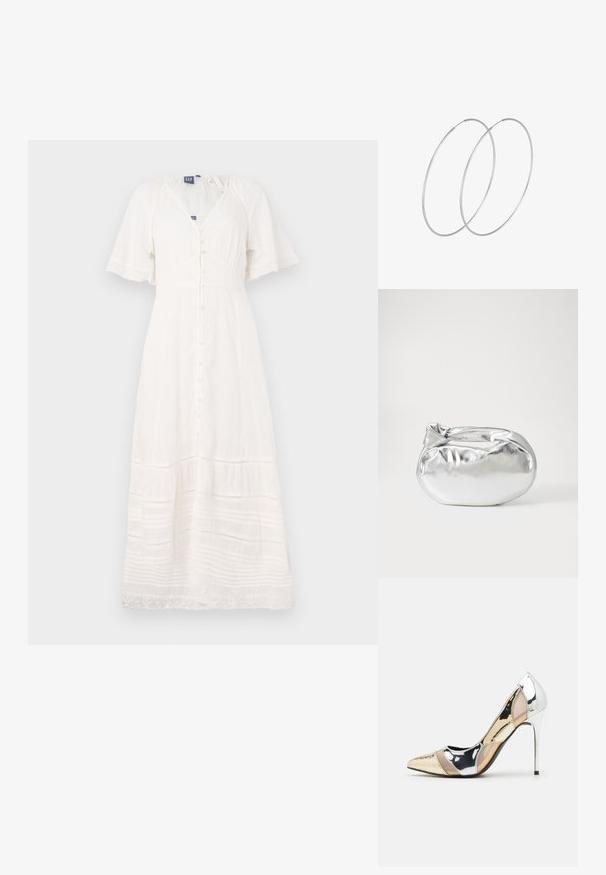 Abito bianco maxi realizzato in tessuto leggero, con maniche corte, scollatura a V e bottoni frontali; presenta strisce texturizzate e un bordo in pizzo.; Scarpa con tacco alto a punta, con una combinazione di colori argento, oro e nudo. Finitura lucida con design a ritaglio, con tacco a stiletto.; Borsa a pochette metallica argentea con una forma morbida e arrotondata e chiusura superiore annodata. Realizzata in materiale sintetico morbido.; Orecchini a cerchio in argento con un design minimalista. Forma circolare, superficie liscia e profilo sottile. Leggeri con una finitura lucida.