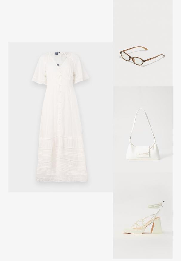 Vestido maxi branco feito de tecido leve, com mangas curtas, decote em V e botões na frente; possui listras texturizadas e acabamento em renda.; Sandálias brancas de salto alto com um salto robusto, apresentando um design com tiras e amarração no tornozelo. Textura suave com uma plataforma na frente para altura adicional.; Óculos tortoiseshell castanhos com lentes ovais, hastes finas e acabamentos transparentes. Apresenta um logótipo subtil na têmpora. Design elegante e leve.; Mala sintética branca com formato triangular, aba frontal plana e detalhe de laço, alça ajustável, textura suave e design minimalista.