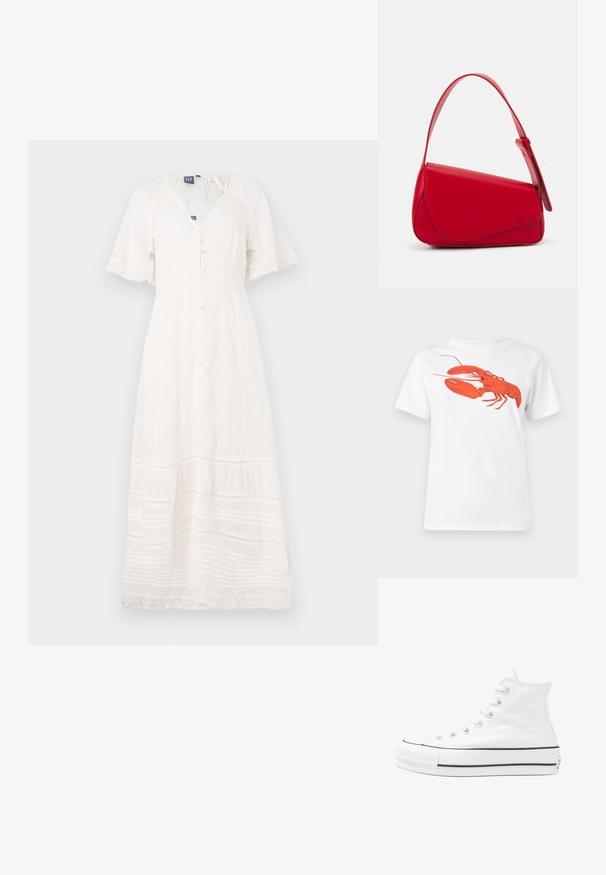 Fehér maxi ruha könnyű anyagból, rövid ujjal, V-kivágással és elől gombokkal; textúrázott csíkokkal és csipke díszítéssel rendelkezik.; Fehér pamut póló, amelyen elöl egy nagy, élénkpiros homár grafika látható. Rövid ujjú és standard környakú kialakítás.; Fehér magaskorsó vászon sportcipő fekete gumi talppal, elülső gumi orrnyereggel és hat fűzőlyukkal, letisztult, minimalista dizájnnal.; Piros bőr kézitáska szögletes, geometrikus kialakítással. Egy állítható pánttal és varrott részletekkel ellátott fedélzárral rendelkezik.