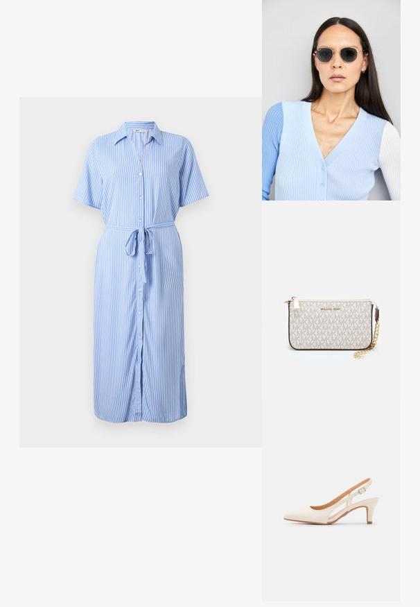 Rochie cu dungi albastre deschise, cu mâneci scurte, cu deschidere cu nasturi în față, guler și cravată la talie. Fabricată dintr-un material neted.; Sandaie cu toc alb, cu vârful ascuțit, material superior neted, toc mic tip bloc și design cu decupaj lateral, cu curea ajustabilă.; Ochelari de soare rotunzi cu lentile întunecate și rame aurii. Modelul poartă un cardigan ribbed de culoare albastru deschis cu nasturi și mâneci albe în contrast.; Clutch Michael Kors din canva acoperit bej, cu un model repetitiv al logo-ului MK, accesorii din aur și o curea cu lanț detașabil.