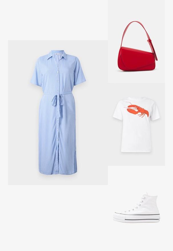 Šviesiai mėlynas dryžuotas suknelė su trumpomis rankovėmis, mygtukų užsegimu priekyje, apykakle ir diržu ties liemeniu. Pagaminta iš lygios medžiagos.; Balta medvilnė marškinėliai su dideliu, ryškiu raudonu omaru grafiku priekyje. Trumpomis rankovėmis ir standartiniu apvaliu kaklu.; Balti aukštakulniai drobės sportbačiai su juodu guminio pado, priekinio guminio piršto dangteliu ir šešiais akytėmis raištams, pasižymintys švariu, minimalistiniu dizainu.; Raudona odinė rankinė su kampuota, geometrine forma. Pasižymi viena reguliuojama dirželiu ir dangteliu su siuvinėtais dekoracijomis.