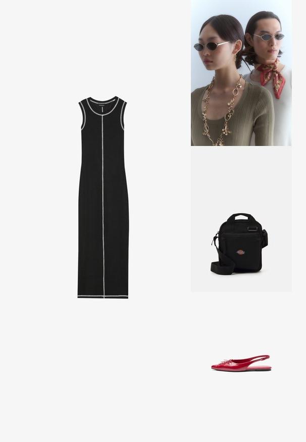 Mustat hihattomat maksimekot, joissa on ribbikuviointi ja joissa on kontrastiväriset valkoiset saumat kauluksessa ja pystysuorassa keskisaumassa.; Punainen nahkainen slingback-mokkasiini, jossa on teräväkärkinen muotoilu ja koristeellinen nauhakiinnitys edessä. Kenkässä on ohut nilkkaremmi ja tasapohja.; Pyöreät aurinkolasit, joissa on tummat linssit ja ohuet hopeakehykset. Yhdellä henkilöllä on päällään kultaketju, kun taas toisella on punainen kuvioitu huivi.; Musta olkakohtainen laukku, jossa on vetoketjullinen tasku, suorakaiteen muotoinen, kangasta, etupuolella logopatchi, säädettävä olkahihna.