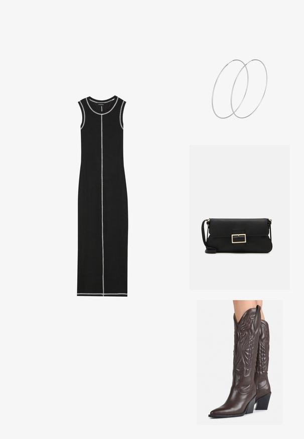Crna maksi haljina bez rukava s rebrastom teksturom, koja sadrži kontrastne bijele šavove duž izreza i vertikalnog središnjeg šava.; Smeđe kožne kauboj čizme s šiljastim vrhom i blok-potpeticom, s detaljno izvezenim šavovima i uzdignutim naglascima na okovu.; Crna kožna clutch torbica s preklopom i zlatnim metalnim detaljem kopče. Uključuje crnu trakicu i elegantan, minimalistički dizajn.; Srebrne okrugle naušnice s minimalističkim dizajnom. Kružni oblik, glatka tekstura i tanak profil. Lagane s poliranim završetkom.