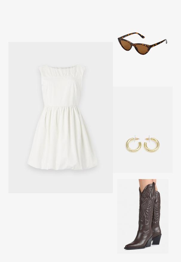 Valge puuvillane kleit ümarate kaelustega, lühikeste varrukatega ja volditud detailidega rindades. Laienev seelik elastse vöökohaga.; Pruunid nahast cowboy saapad terava varbaga ja plokk-kandaga, millel on detailne tikand ja kergelt tõstetud aktsendid varrel.; Kassi vormiga prillid musta ja oranži kilpkonnakujulise raami, pruunide läätsede ja elegantsete teravate otstega. Templi juures on minimaalne logo.; Kuldne rõngassõrmused sileda ja läikiva viimistlusega. Ringikujuline disain, millel on väike post ja selge tagumine külg, et tagada kindel kandmine.