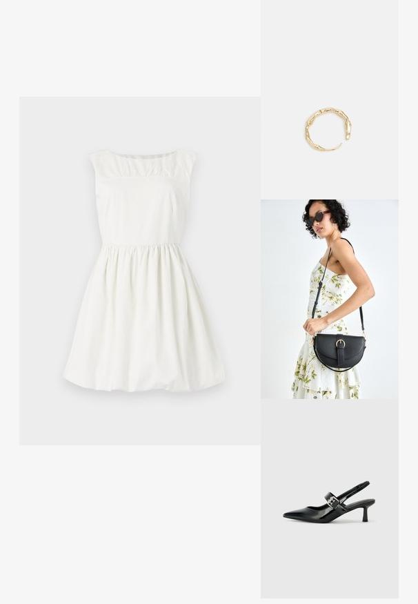 Biela bavlnená šaty s okrúhlym výstrihom, rukávmi do pol pása a nariasením v oblasti dekoltu. Rozšírená sukňa s elastickým pásom.; Čierne patentové kožené sandále na podpätku so špicatou špičkou a malým blokovým podpätkom, s dekoratívnou striebornou sponou na remienku.; Čierna kožená kabelka s zaobleným tvarom, odnímateľným popruhom a zlatými doplnkami. Kabelka má klopu s detailom s prackou.; Prsteň v zlatej farbe s organickým, skrúteným dizajnom, hladkým povrchom a zužujúcimi sa koncami, vytvárajúci moderný, sochársky vzhľad.