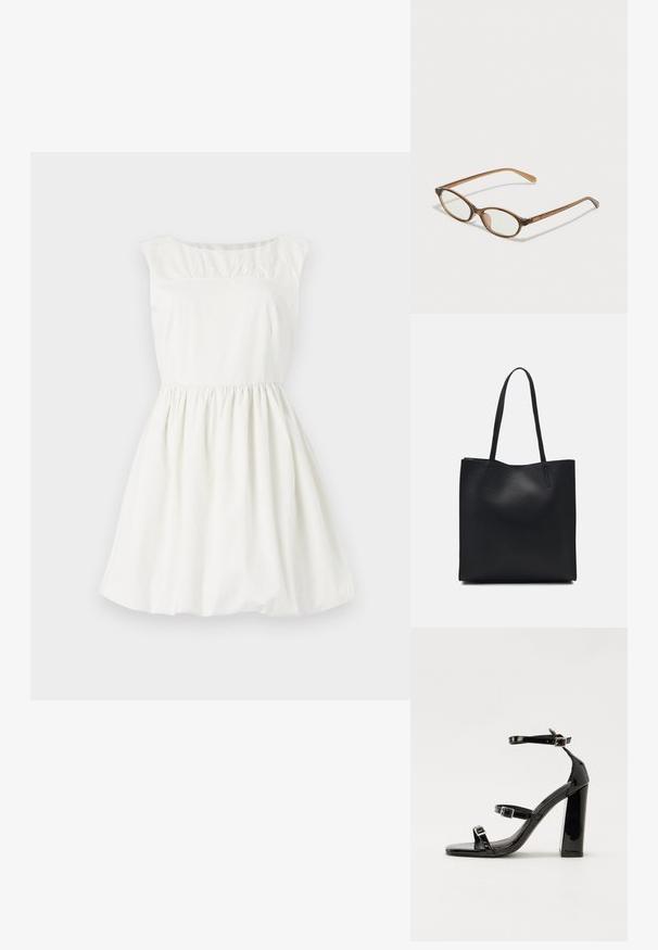 Rochie albă din bumbac cu decolteu rotund, mâneci scurte și detalii pliate la bust. Fustă evazată cu talie elastică.; Sandale cu toc din patent negru, cu vârf pătrat, curele la gleznă și catarame din argint. Dispune de un toc gros pentru stabilitate.; Ochelari în nuanță de țestoasă maro, cu lentile ovale, brațe subțiri și accente transparente. Prezintă un logo subtil pe tâmplă. Design elegant și ușor.; Geantă tote neagră din piele, cu textură netedă, formă rectangulară și două mânere lungi. Fără hardware vizibil sau ornamente.