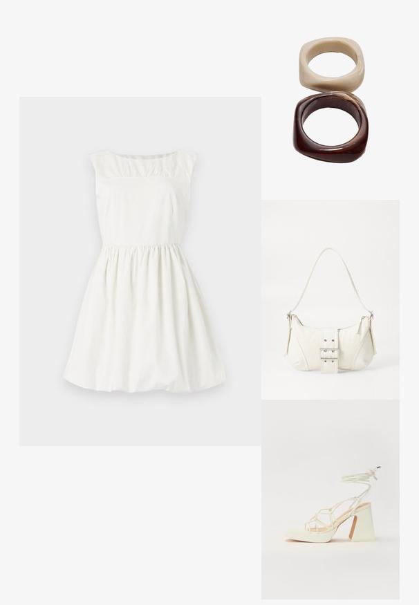 Bílá bavlněná šaty s kulatým výstřihem, krátkými rukávy a nařasením na těle. Rozšířená sukně s elastickým pasem.; Bílé sandály na vysokém podpatku s robustním podpatkem, s designem s pásky a zavazováním kolem kotníku. Hladký povrch s platformou vpředu pro zvýšení výšky.; Bílá kabelka na rameno s texturovaným povrchem, centrálním akcentem v podobě spony a zakřiveným tvarem. Zipové uzávěry na obou stranách.; Stradivarius SET - Náramek - dark brown