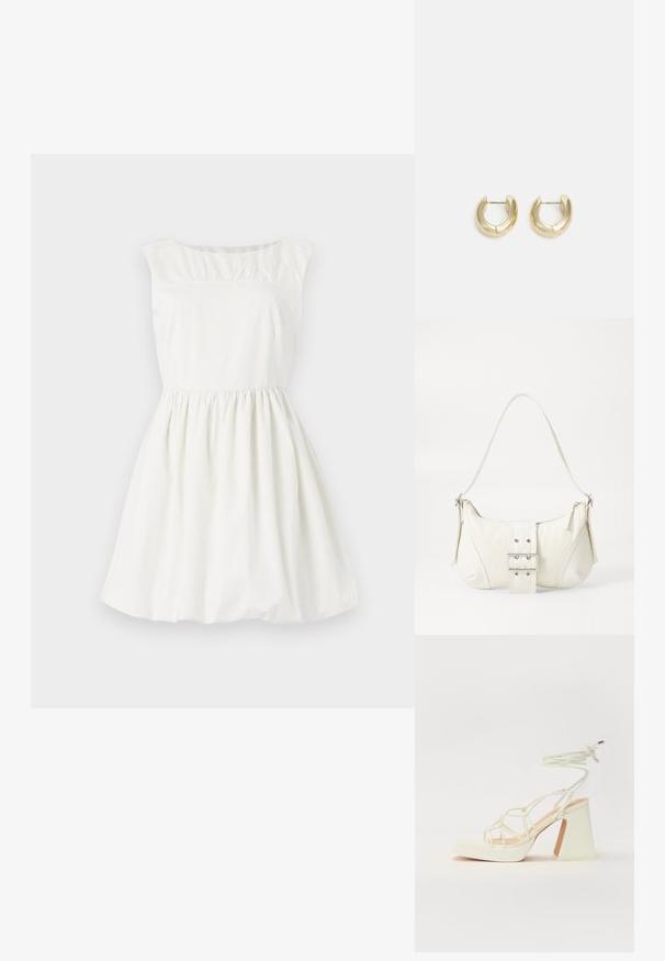 Bijela pamučna haljina s okruglim izrezom, kratkim rukavima i naboranim detaljima na tijelu. Laganizirani suknja s elastičnom strukom.; Bijela sandala na visokoj potpetici s debelim petom, s remenom i vezanjem oko gležnja. Glatka tekstura s platformom sprijeda za dodatnu visinu.; Bijela torbica s teksturiranim završetkom, središnjim detaljem kopče i zakrivljenim oblikom. Rajsferšlusi sa svake strane.; Zlatne okrugle naušnice s glatkom, sjajnom završnom obradom. Imaju polukružni oblik i sigurni sistem kopčanja na post.