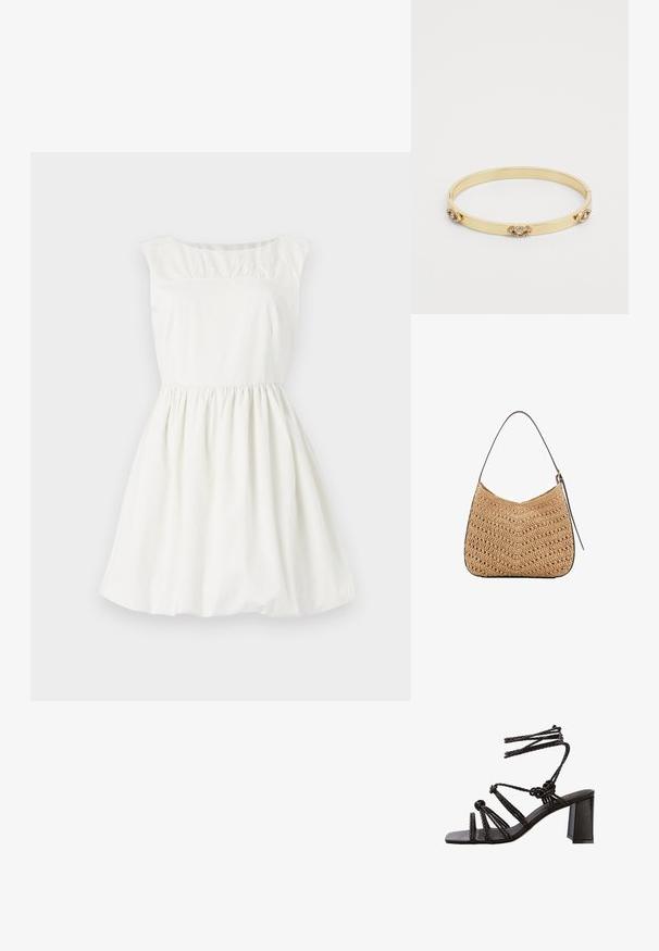Rochie albă din bumbac cu decolteu rotund, mâneci scurte și detalii pliate la bust. Fustă evazată cu talie elastică.; Sandale cu toc înalt, negre, cu bretele împletite, toc masiv și vârf pătrat plat. Fabricate din piele netedă cu un acabat texturat.; Geantă de umăr din paie împletite cu o formă curbată, având o curea din piele închisă la culoare și o suprafață texturată cu un model în zigzag.; Brățară din aur cu un design elegant, având trei accente decorative cu pietre prețioase strălucitoare de-o parte și de alta. Textură netedă.