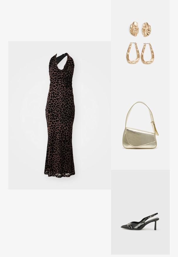 Šaty s leopardím vzorom s výstrihom za krk, z mäkkého zamatového materiálu, dlhé s priliehavým strihom, so zaobleným výstrihom, v čiernej a pieskovej farebnej kombinácii, s jemnou textúrou.; Čierne lakované kožené slingback topánky s špicatou špičkou, remienkami okolo členku s striebornými prackami a hardvérom, a štíhlým podpätkom.; Zlatá metalická kabelka so štruktúrovaným dizajnom, hladkou textúrou a nastaviteľným popruhom. Obsahuje jedinečný trojuholníkový tvar a minimalistické šitie.; Náušnice v zlatej farbe s textúrovanými, vlnitými tvarmi. Obsahujú sochárske klipsové náušnice a otvorený tvar krúžku s kladivkovým povrchom.