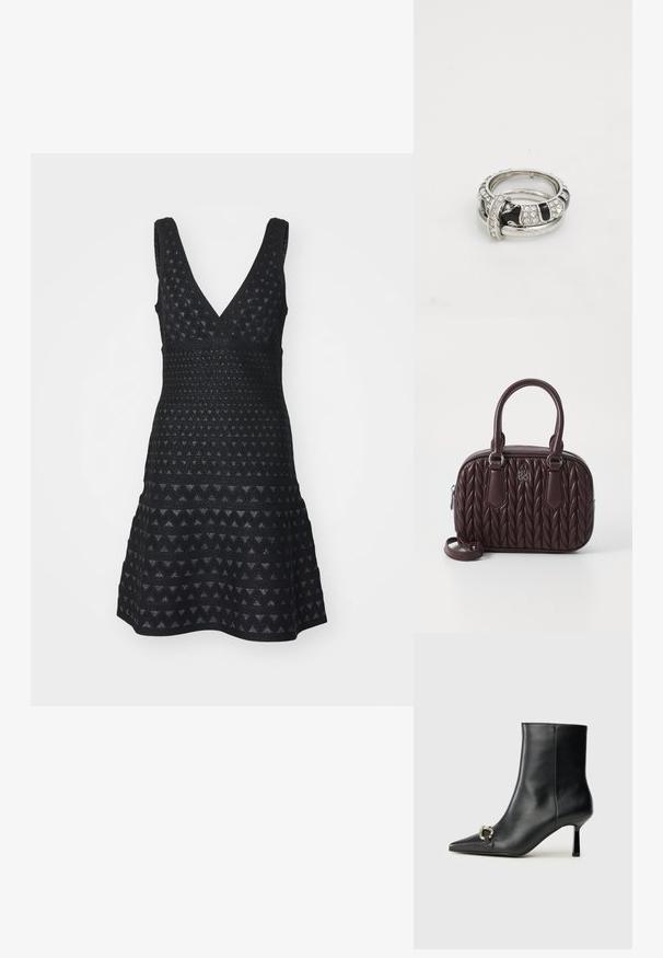 Emporio Armani VESTITO - Džemperkleita - nero; Melnā ādas potīšu zābaku ar smailu purngalu, šauru vidēja augstuma papēdi un sudraba sprādzi sānos uz vienkrāsaina fona.; Burgundijas ādas rokassoma ar izšūtu rakstu, diviem augšējiem rokturiem un noņemamu siksnu. Iekļauj sudraba krāsas detaļas un iegravētu logotipu.; Sudraba gredzens ar melniem akcentiem un caurspīdīgiem rhinestones, ar gludu, teksturētu virsmu un savstarpēji savienotiem dizaina elementiem.