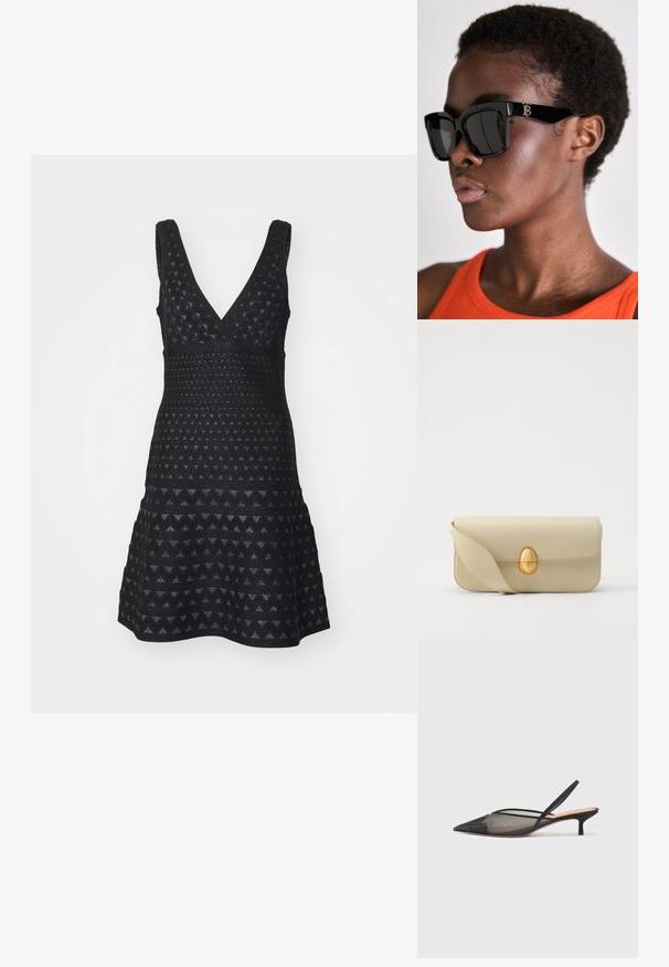 Emporio Armani VESTITO - Sarafanas - nero; NEOUS IRENA - Klasikiniai aukštakulniai - black; Juodos kvadratinės saulės akinių su tamsiais lęšiais, storais rėmeliais ir auksiniu logotipu ant šonų. Juos dėvi asmuo su oranžiniu viršumi.; Bežinė odinė rankinė su lygiu paviršiumi, stačiakampio formos ir auksiniu ovaliu užsegimu. Yra ilga, reguliuojama petneša.