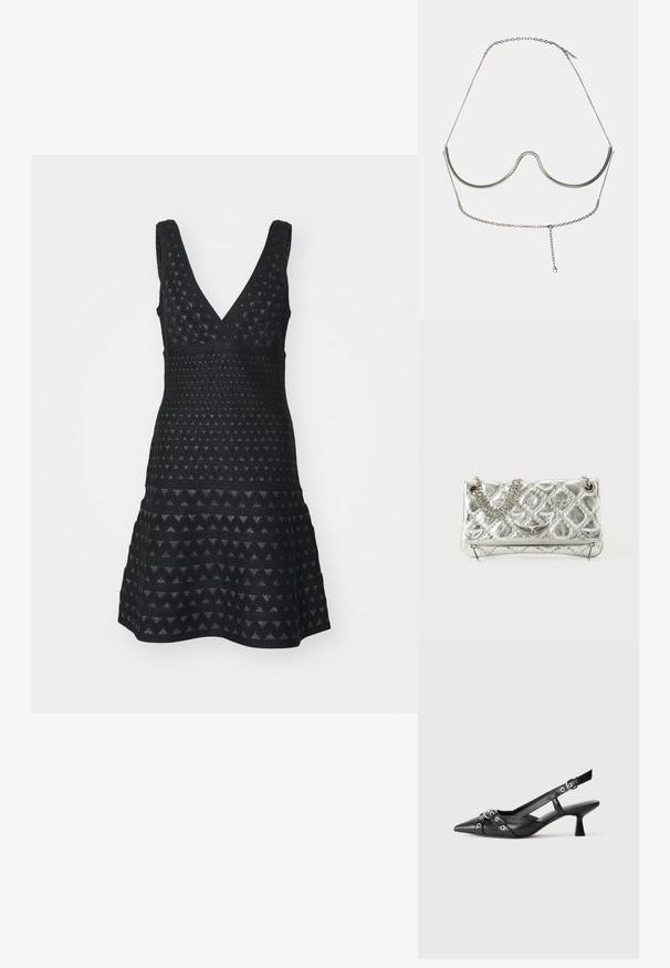 Emporio Armani VESTITO - Pletené šaty - nero; Černé kožené slingback boty s špičatou špičkou, dekorativními pásky s kovovými očky a nízkým blokovým podpatkem. Texturovaný povrch.; Stříbrná metalická kabelka s řetízkem, prošívanou texturou, dekorativním stehem a zipovým uzávěrem. Obsahuje embosované detaily na přední straně.; Cult Gaia ASHA BODY JEWELRY - Jiné doplňky - bright shiny silver-coloured