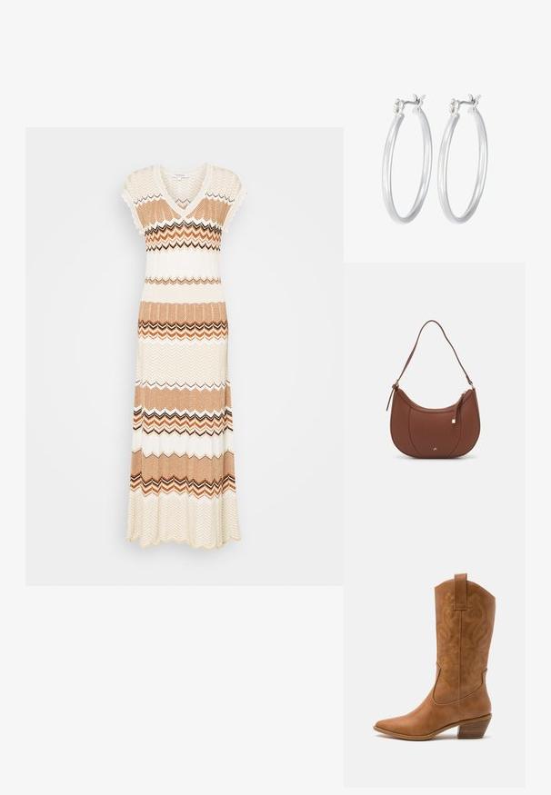 Strikket maxikjole med V-hals, korte ærmer og et zigzag-mønster i creme, brun og orange nuancer samt en svajet kant.; Tan læder cowboystøvle med spids tå, broderede svirvelmønstre på skaftet og en stablet blokhæl. Har en træksløjfe for nem af/på.; Brun faux læder skuldertaske med buet form, minimal syning og en guldtonet hardwaredetalje. Har en top lynlåslukning og justerbar rem.; Sølv hoop øreringe med en glat, poleret overflade. Rund form og sikker klik-lukning. Letvægtsdesign, der er velegnet til hverdagsbrug.