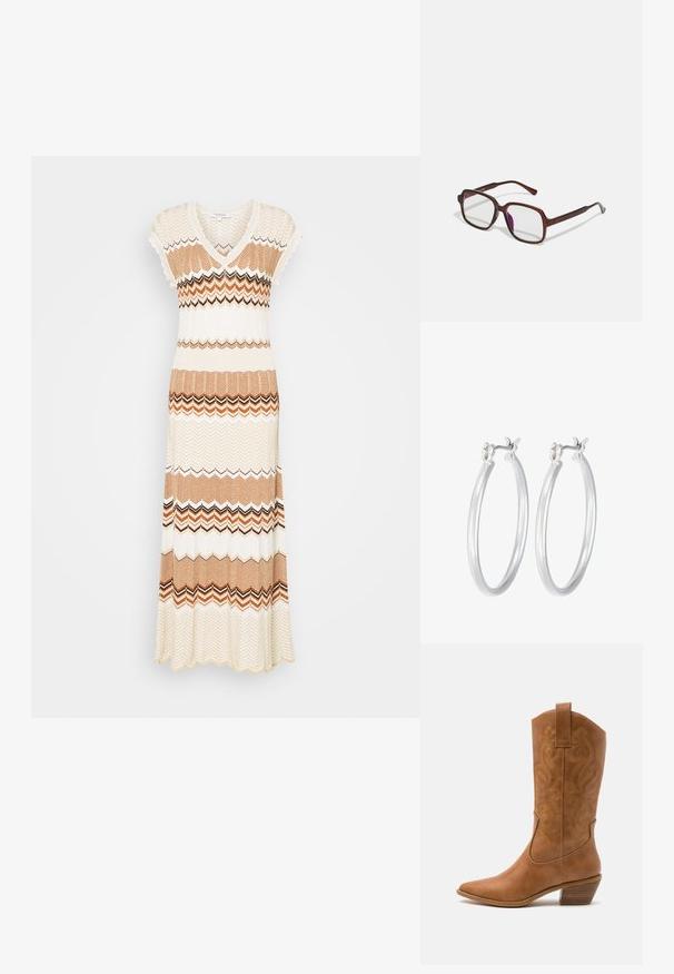 Das gestrickte Maxikleid hat einen V-Ausschnitt, kurze Kappenärmel und ein Zickzackmuster in Creme-, Braun- und Orangetönen mit einem schwingenden Saum.; Braune Leder-Cowboy-Stiefel mit spitzem Zehenbereich, bestickten Wirbelmustern am Schaft und einem gestapelten Blockabsatz. Verfügt über einen Ziehriemen für das einfache Anziehen.; Braune, rechteckige Brille mit transparenten Gläsern und lila Tönungen. Glatter Kunststoffrahmen mit geraden Bügeln und dezenten Akzenten.; Silberne Creolen mit einer glatten, polierten Oberfläche. Runder Form und sicherem Klickverschluss. Leichtes Design, geeignet für den täglichen Gebrauch.